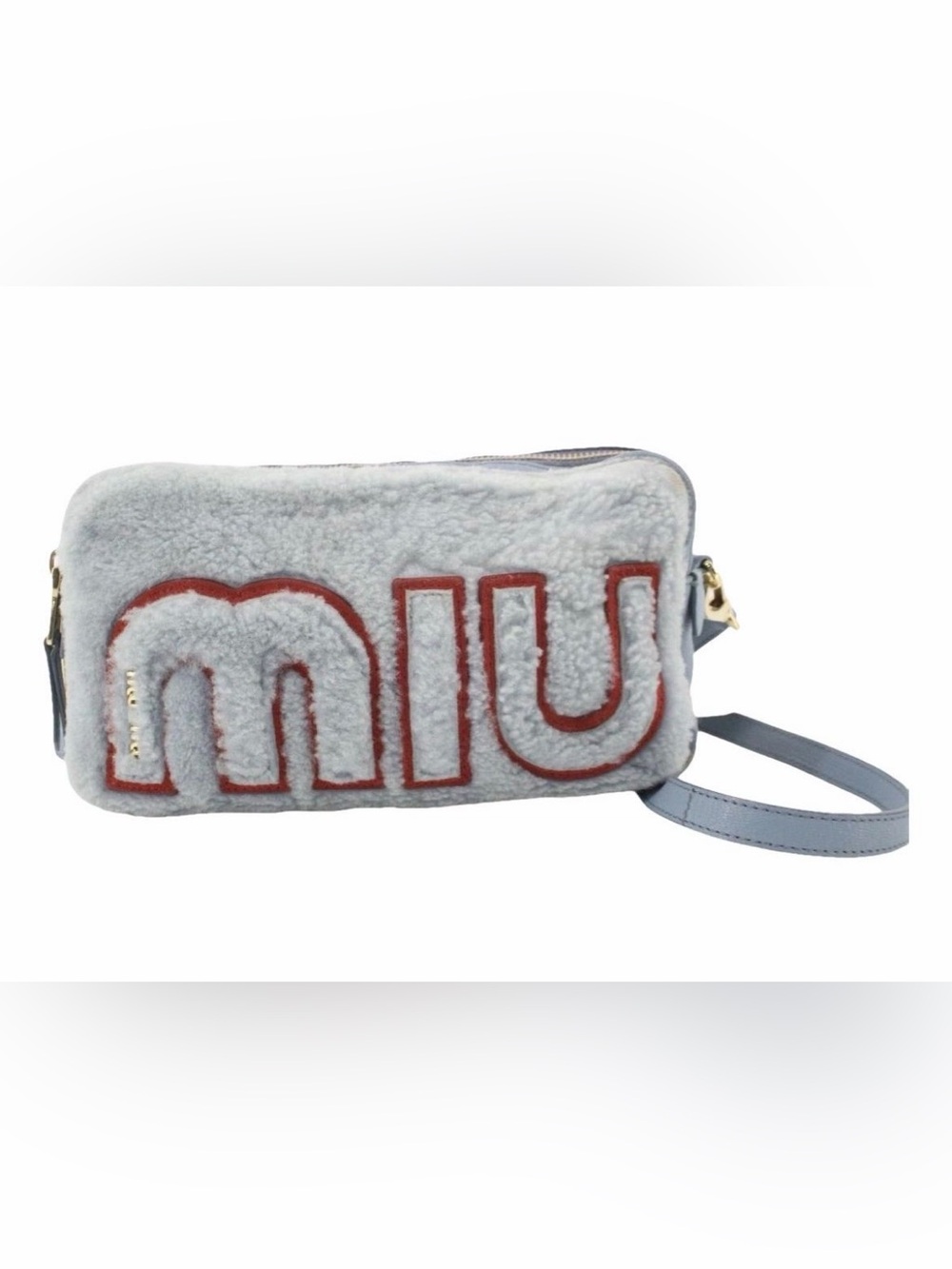 Miu Miu Blue Shearling and Leather Camera Crossbody Bag w/COA